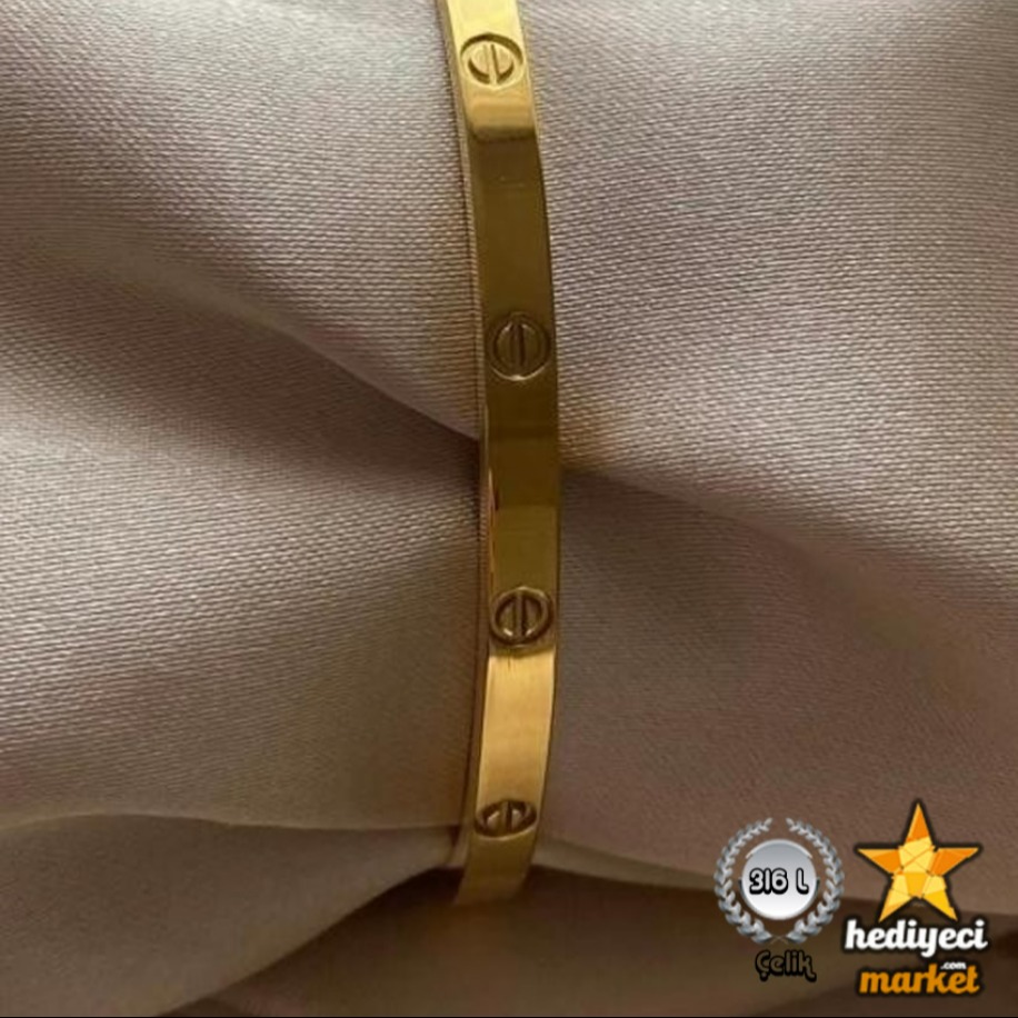 316 L Paslanmaz Taşsız Kelepçe Bilezik Altı Rengi Çelik Bileklik - HMÇB-0077 || HM-03-00136-07