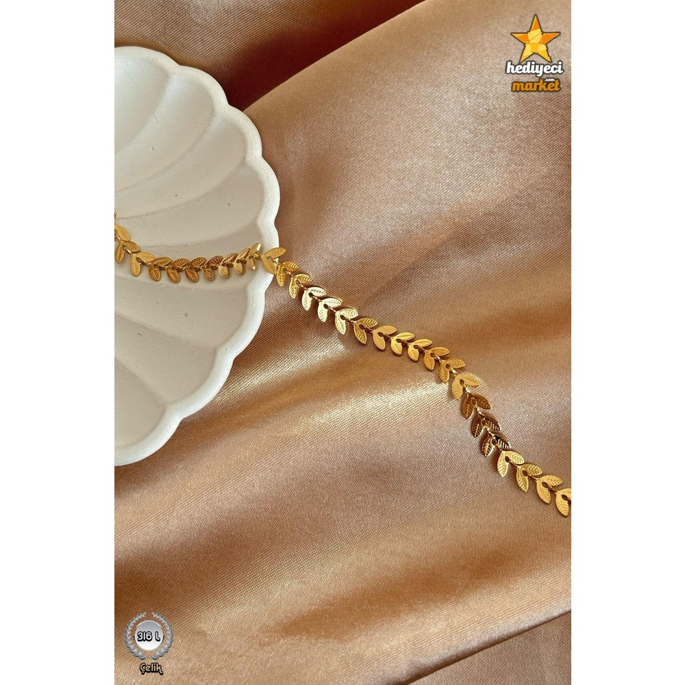 316 L Paslanmaz Altın Rengi Yaprak Model Çelik Bileklik - HMÇB-0043 || HM-03-00119-01