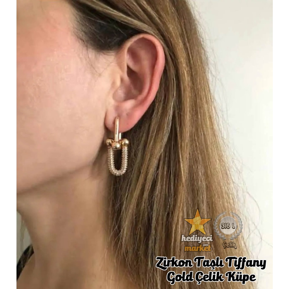 316 L Zirkon Taşlı Tiffany Gold Çelik Küpe - HMKÜ-0018 || HM-03-00115-05