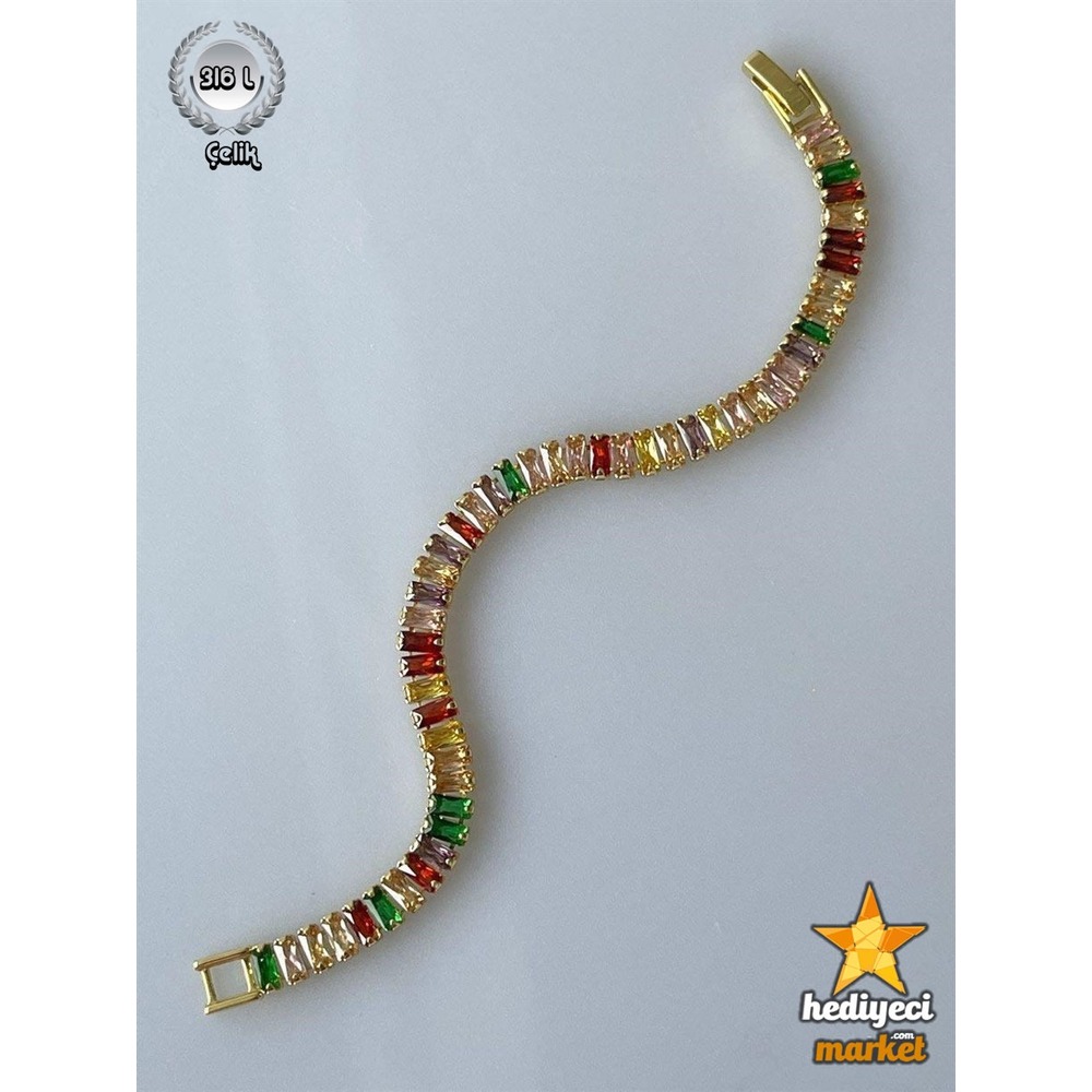 316 L  Altın Renk ve Renkli Baget Zirkon Taşlı Su Yolu Bileklik - HMÇB-0060 || HM-03-00125-04