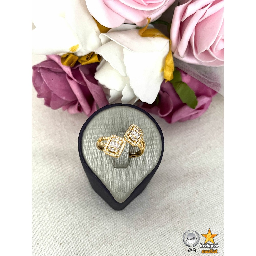 316 L 2MM Gold Zirkon Taşlı Çift Baget Çelik Yüzük - HMÇY-0007 || HM-03-00094-07