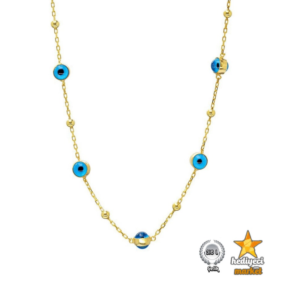 316 L Nazar Boncuğu Detaylı Gold Renk Çelik Kadın Şans Kolyesi - HMÇK-0058 || HM-03-00137-06