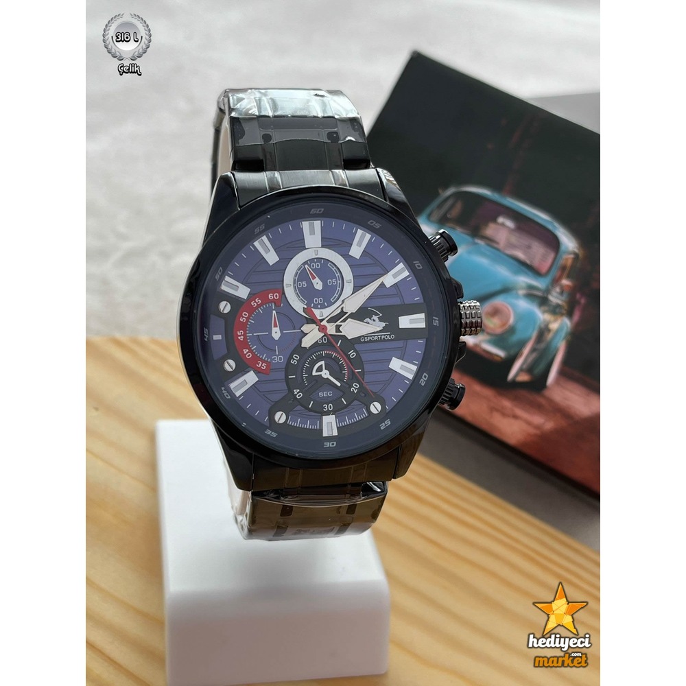 G Sport Polo Çelik Siyah Kasa ve Lacivert Detaylı Erkek Kol Saati - HMES-0032 || HM-03-0010