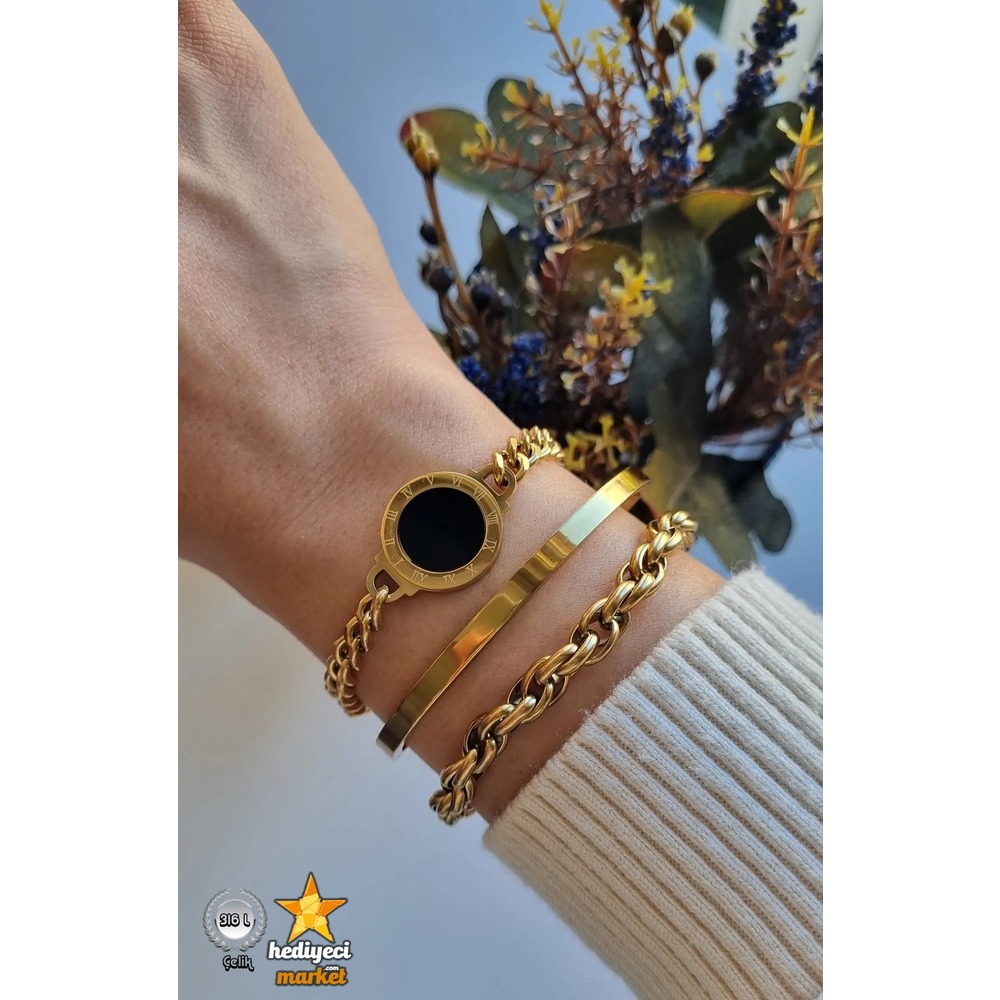 316 L Gold Zincir Model Romen Rakam İşleme Detay Çelik Bileklik - HMÇB-0055 || HM-03-00124-01