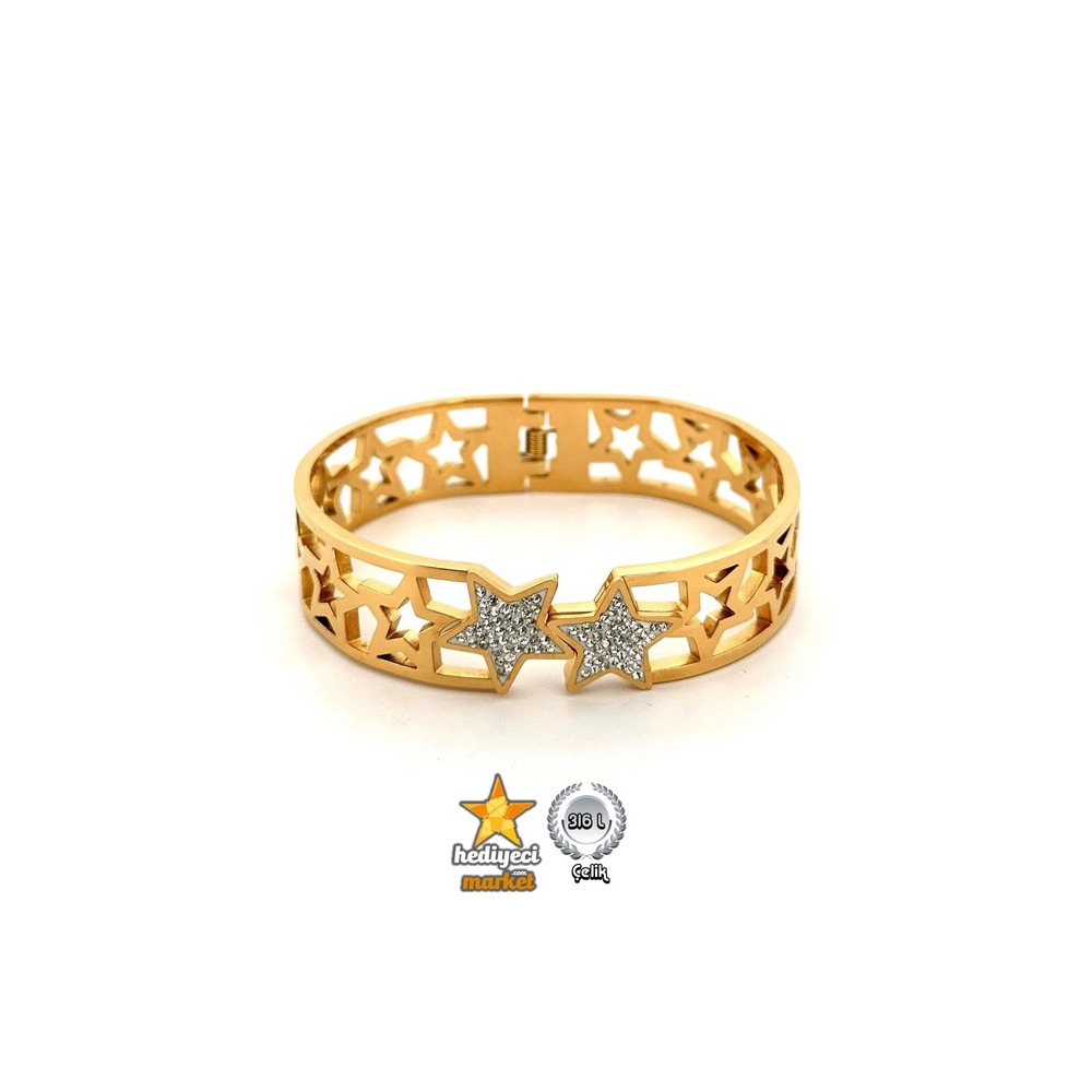 316 L Gold Zirkon Detay Yıldız Kalın Çelik Kelepçe Bileklik - HMÇB-0023 || HM-03-00104-02