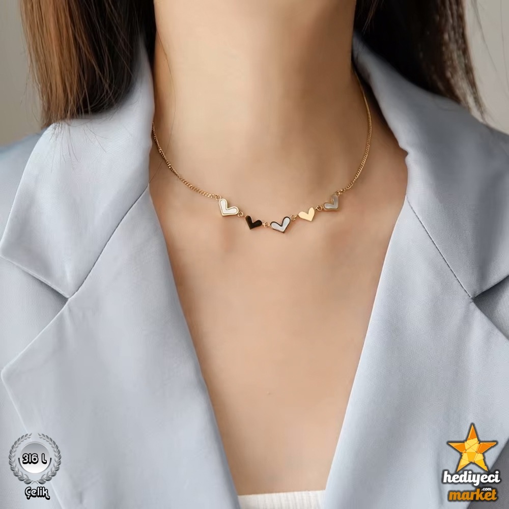 316 L Paslanmaz Beyaz Sedefli Kalpli Çelik Kolye - HMÇK-0026 || HM-03-00067-01