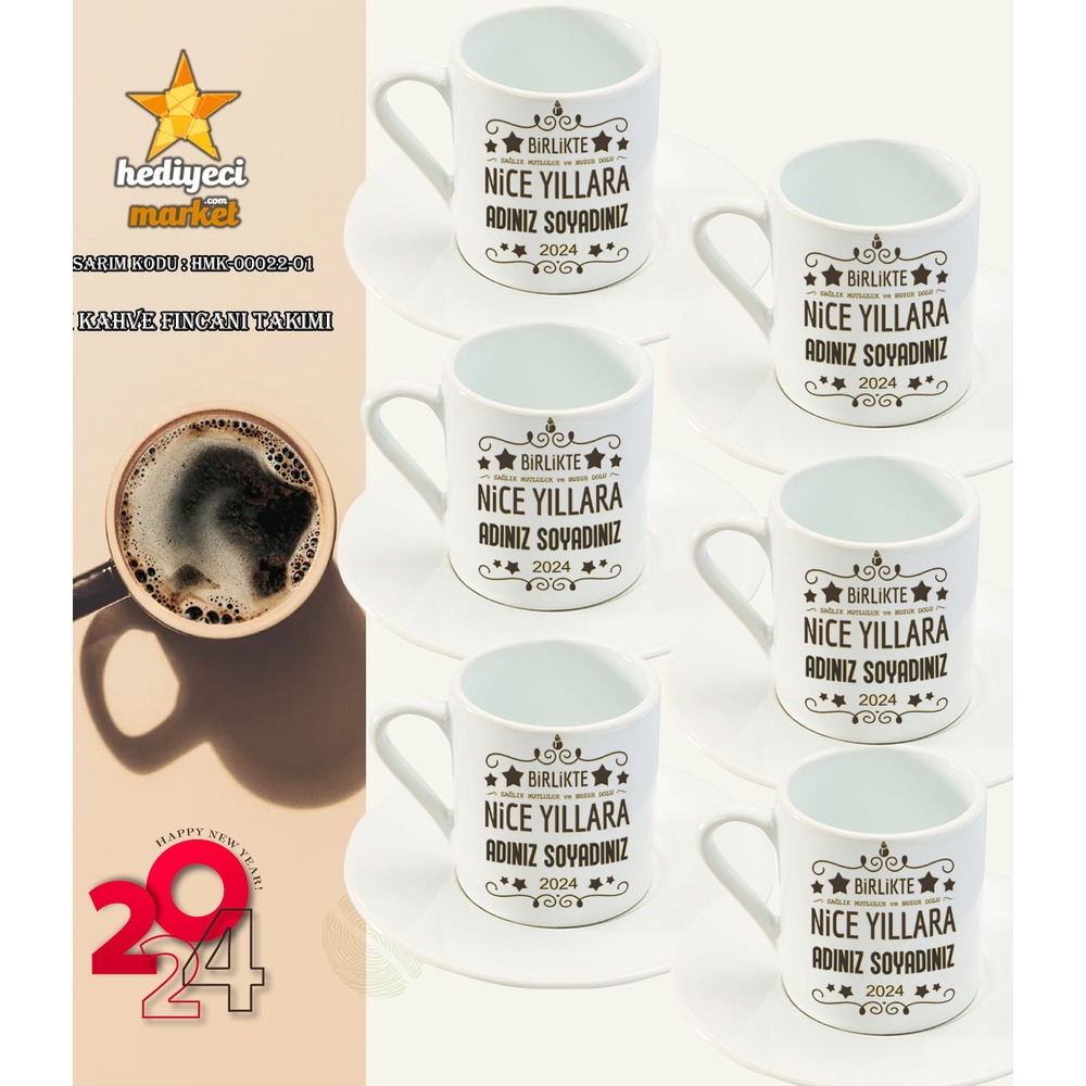 Yılbaşı Temalı Beyaz 6'lı Kahve Fincan Takımı - HMK-00022-01 - HM-01-00074-01