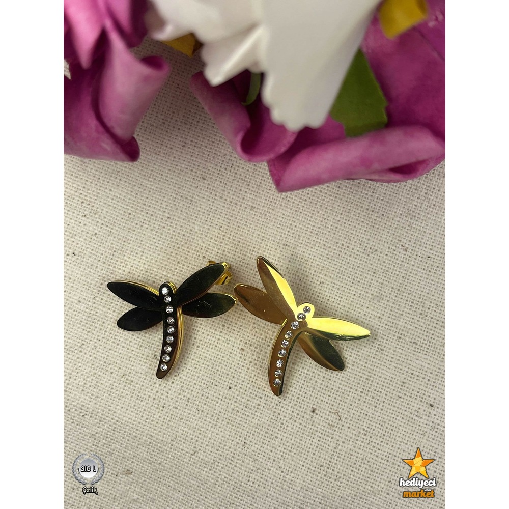 316 L Altın Rengi Zirkon Taşlı Yusufçuk Model Çelik Küpe - HMKÜ-0013 || HM-03-00114-01