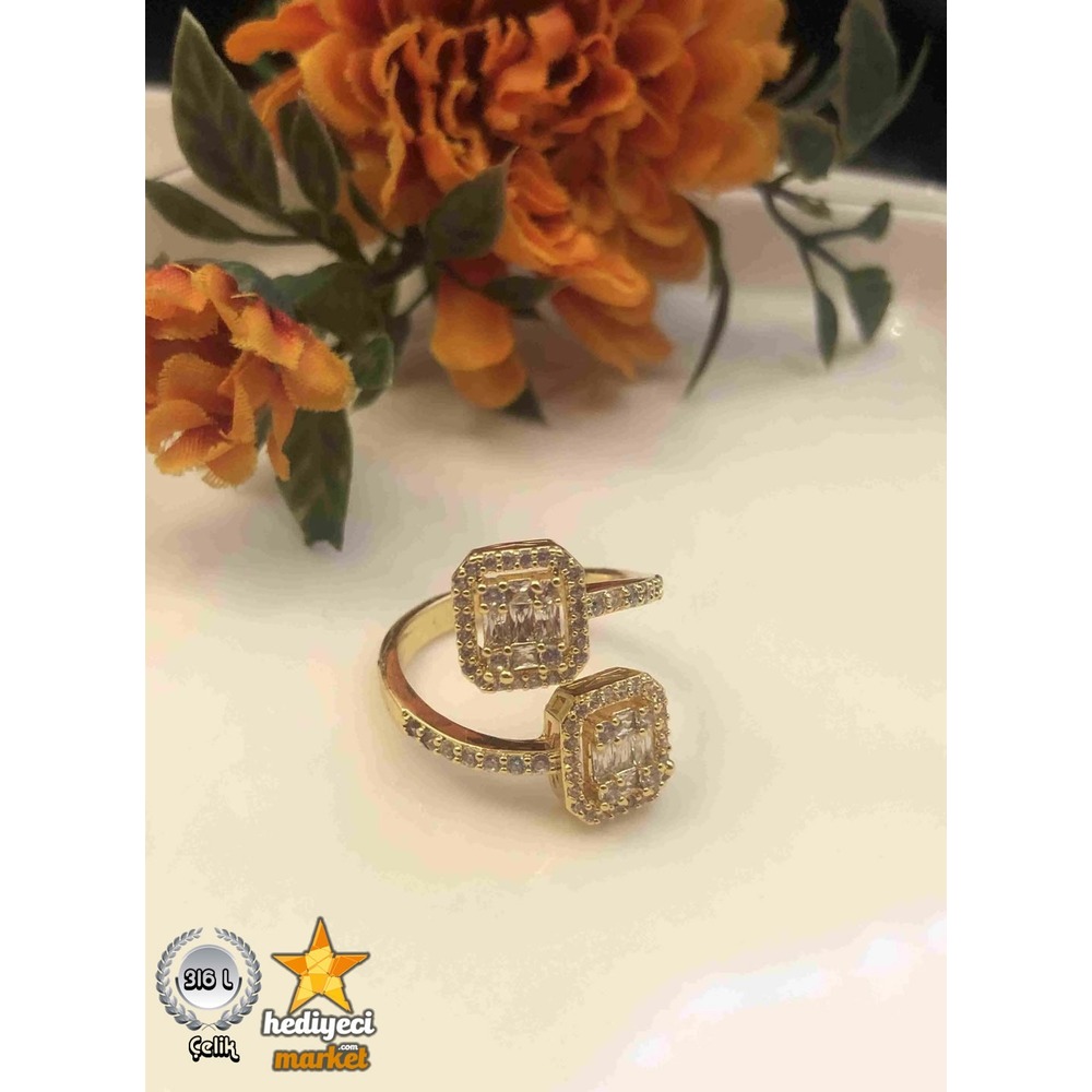 316 L 2MM Gold Zirkon Taşlı Çift Baget Çelik Yüzük - HMÇY-0007 || HM-03-00094-07