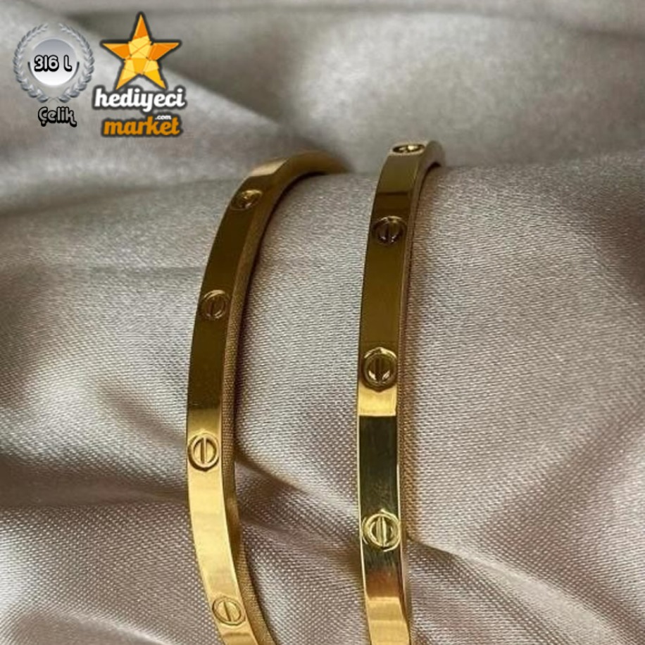 316 L Paslanmaz Taşsız Kelepçe Bilezik Altı Rengi Çelik Bileklik - HMÇB-0077 || HM-03-00136-07