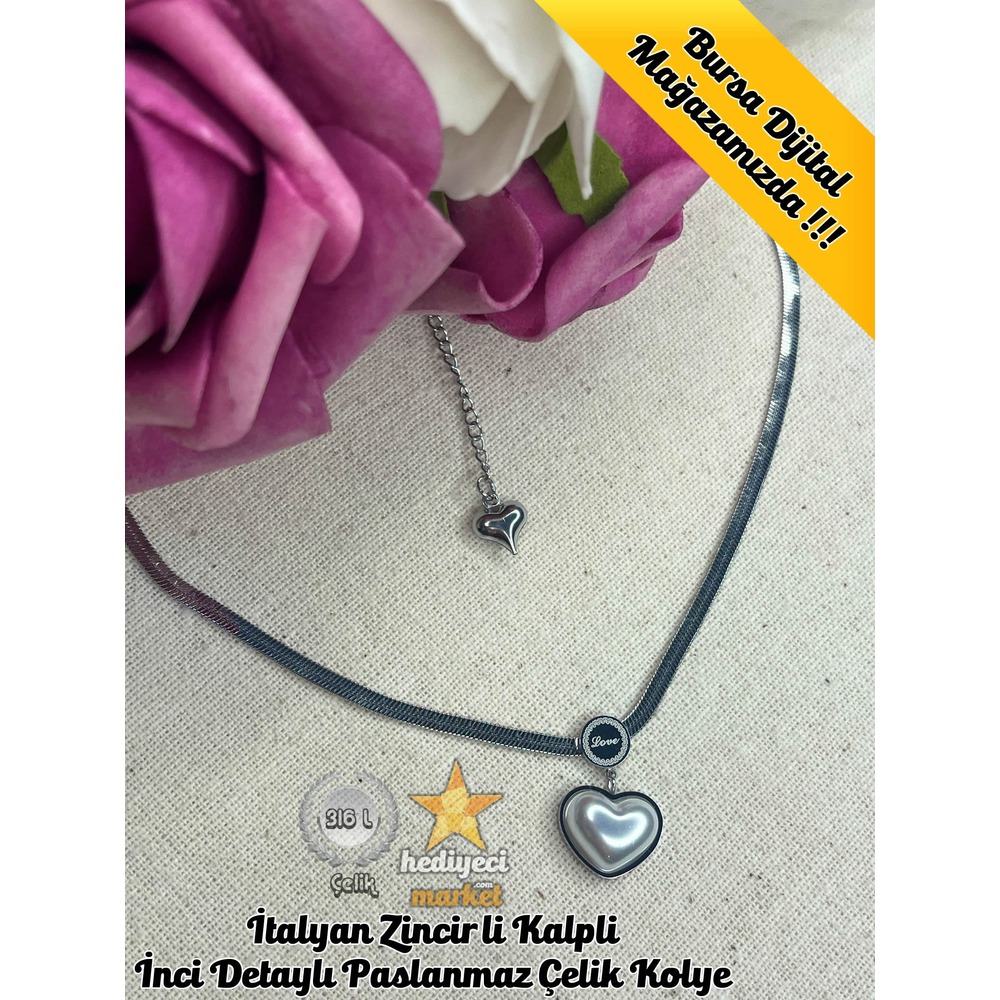 316 L İtalyan Zincirli Kalpli İnci Detaylı Silver Çelik Kolye - HMÇK-0050 || HM-03-00083-0