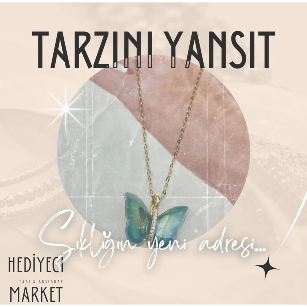 316 L Işıltılı Mavi Paslanmaz Çelik Kelebek Kolye - HMÇK-0030 || HM-03-00070-02