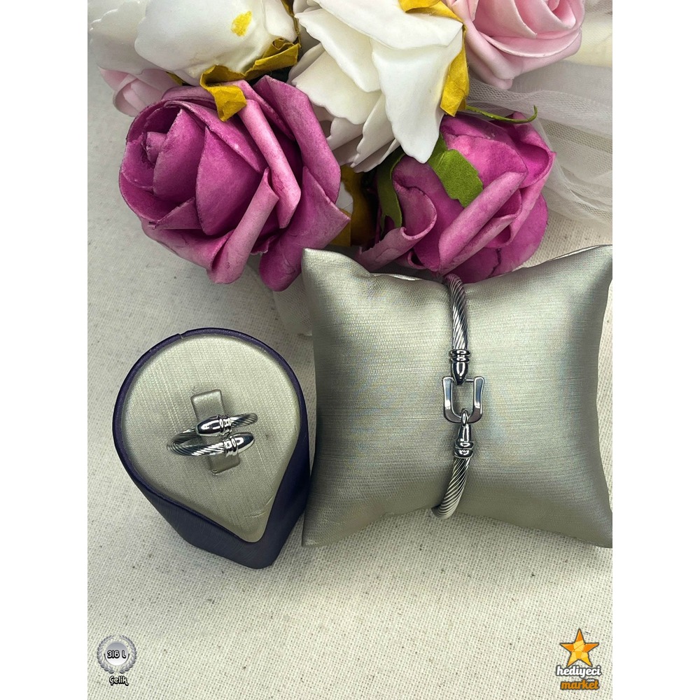 316 L Paslanmaz Silver Burgu Unisex Çelik Bileklik ve Yüzük Seti - HMÇB-0018 ||  HM-03-00102-02