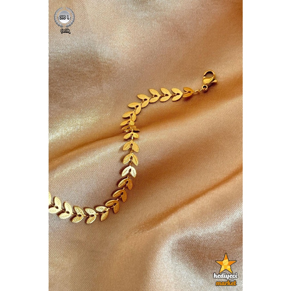 316 L Paslanmaz Altın Rengi Yaprak Model Çelik Bileklik - HMÇB-0043 || HM-03-00119-01