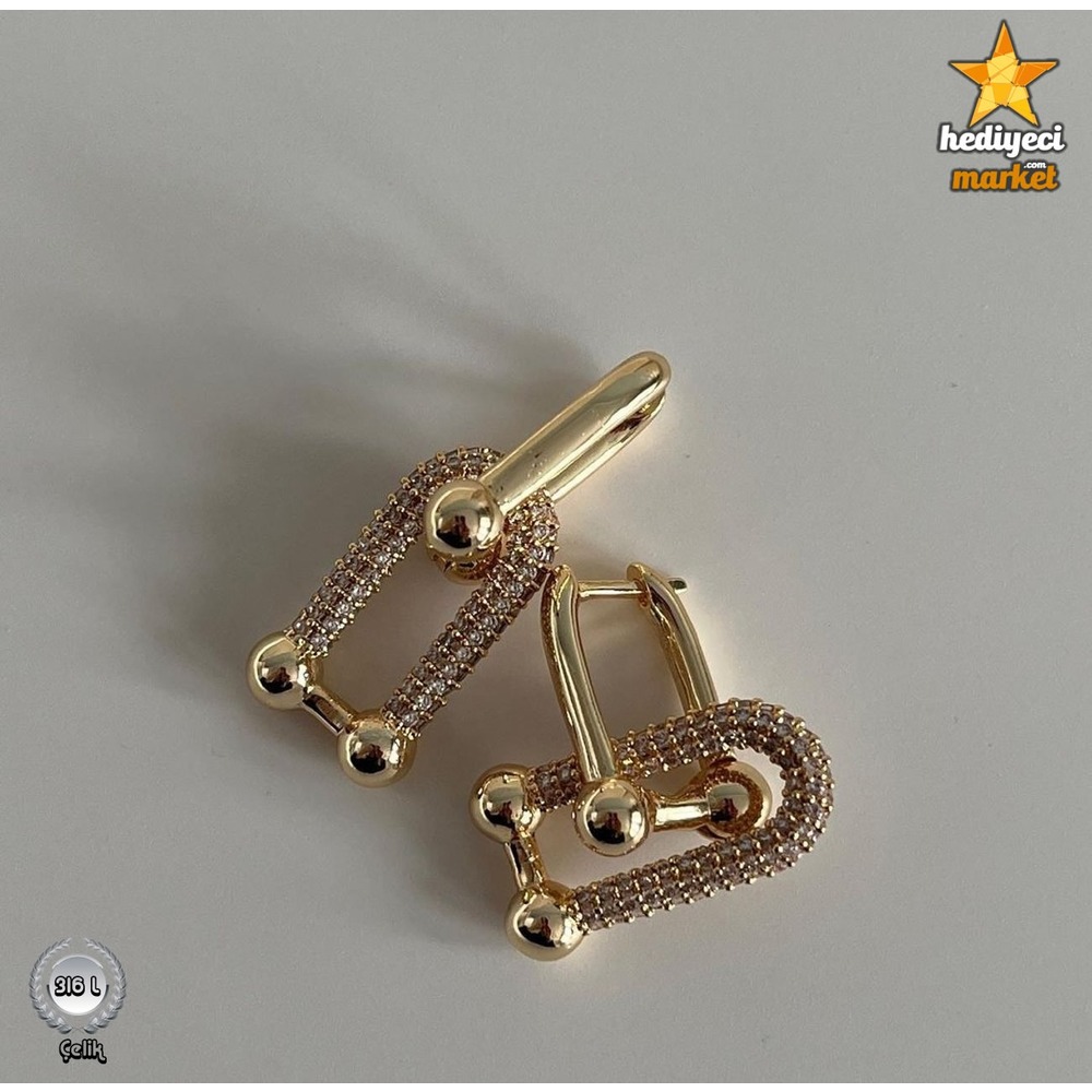 316 L Zirkon Taşlı Tiffany Gold Çelik Küpe - HMKÜ-0018 || HM-03-00115-05