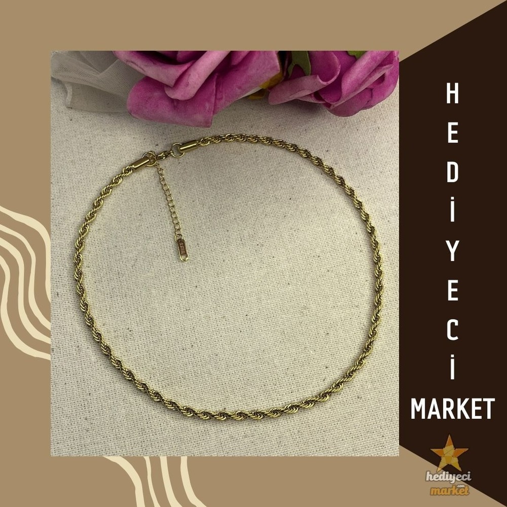 316 L Gold Burgu Paslanmaz Çelik Zincir Kolye - HMÇK-0017 || HM-03-00059-01