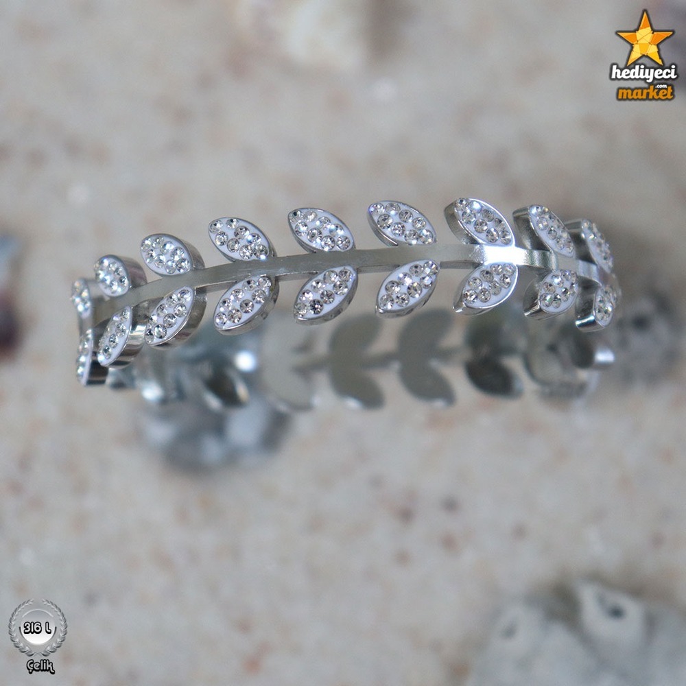316 L Silver Zirkon Taşlı Yaprak Helen Model Çelik Bileklik - HMÇB-0013 ||  HM-03-00100-03