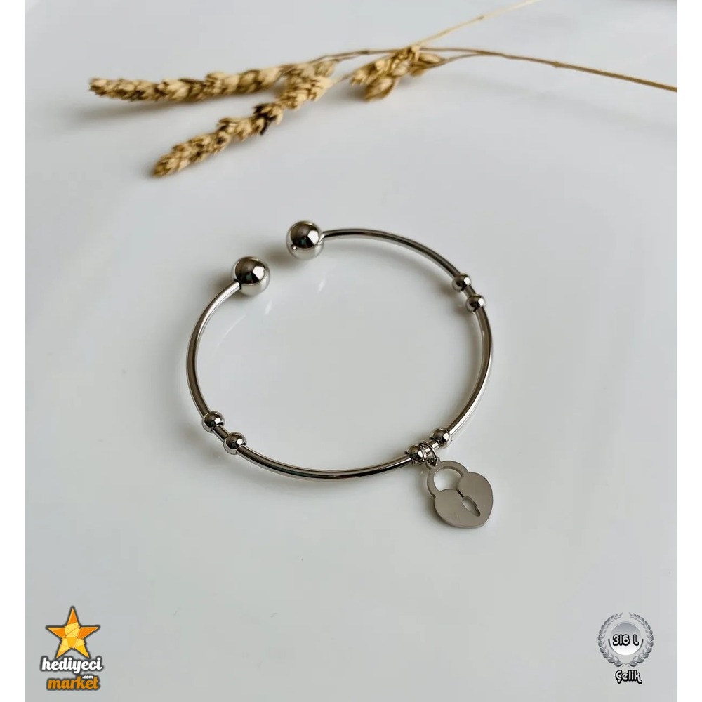 316 L Paslanmaz Çelik Silver Kilit Figürlü Ayarlanabilir Bileklik - HMÇB-0015 || HM-03-00101