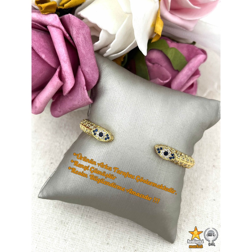 316 L Silver Zirkon Taşlı Detaylı Kelepçe Çelik Bileklik - HMÇB-0007 || HM-03-00097-01