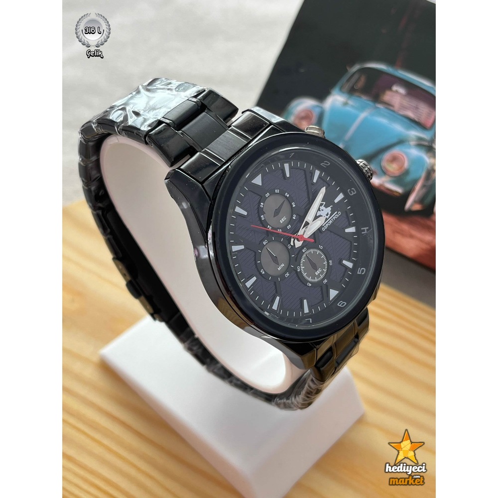 G Sport Polo Çelik Siyah Kasa ve Siyah Kordon Yuvarlak Kol Saati - HMES-0028 || HM-03-00107-28