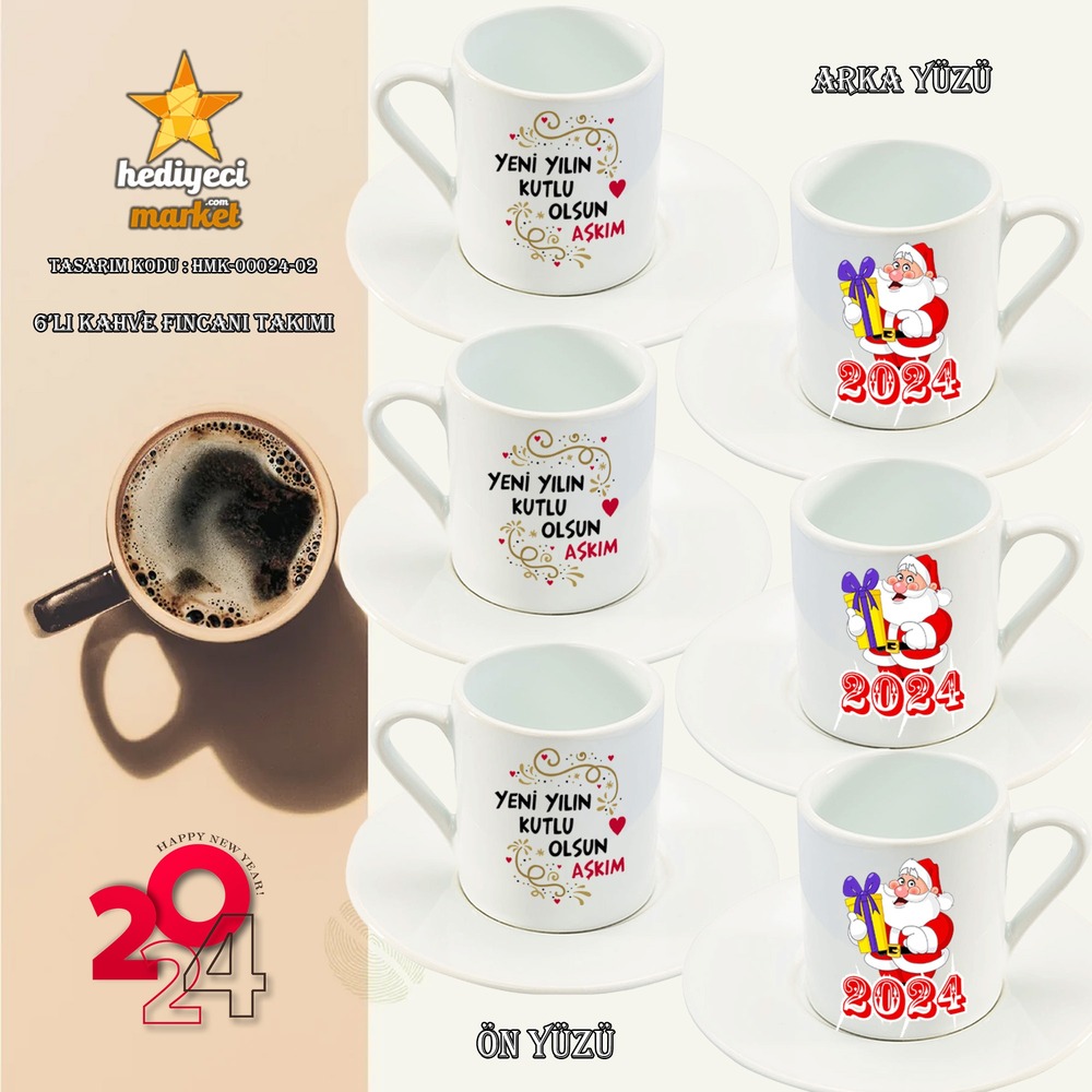 Yılbaşı Temalı Beyaz 6'lı Kahve Fincan Takımı - HMK-00024-02 - HM-01-00079-02