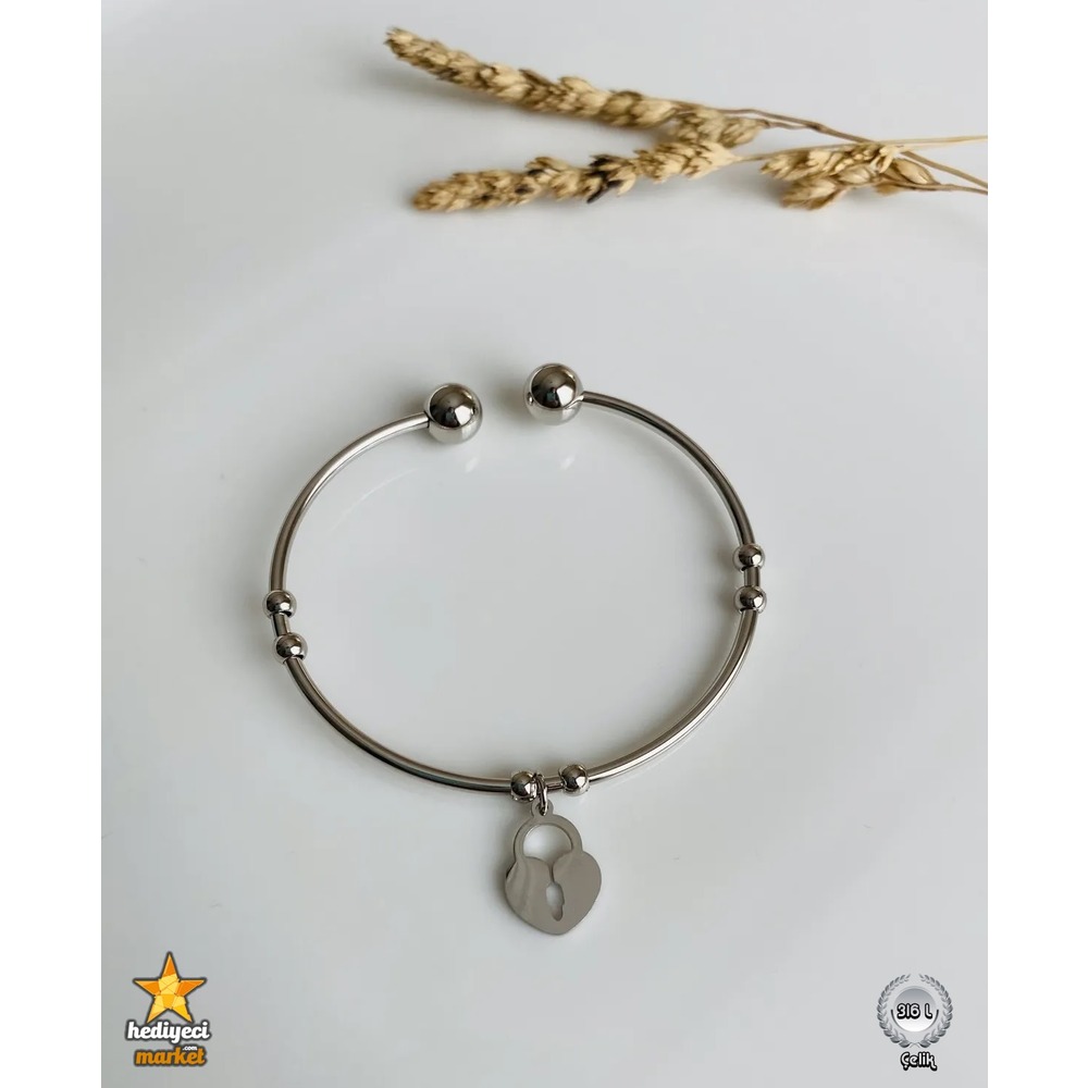 316 L Paslanmaz Çelik Silver Kilit Figürlü Ayarlanabilir Bileklik - HMÇB-0015 || HM-03-00101