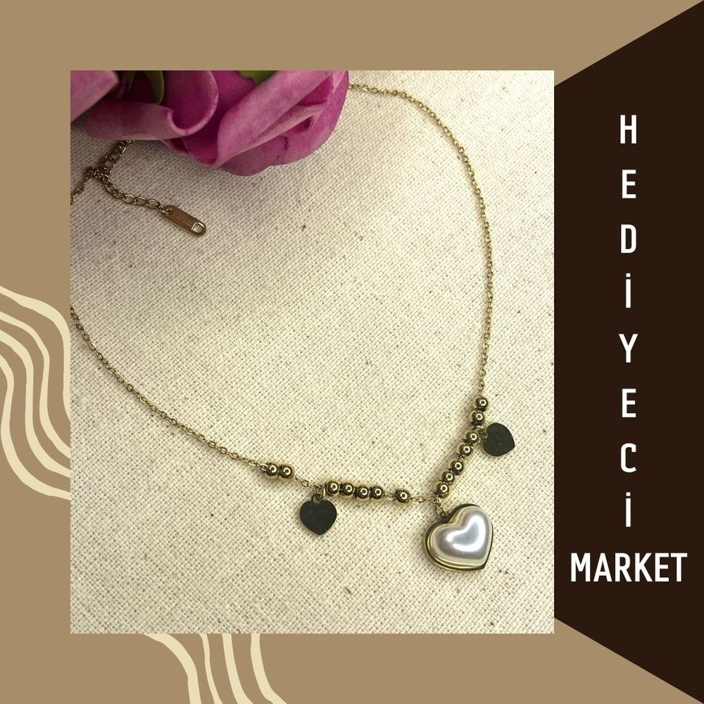 316 L Paslanmaz Çelik Gold Rengi İnci Detaylı Sedefli Kalp Kolye - HMÇK-0016 || HM-03-00058-01