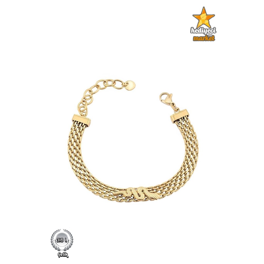 316 L Gold Hasır Yılan Figürlü Altın Rengi Çelik Bileklik - HMÇB-0039 || HM-03-00117-01