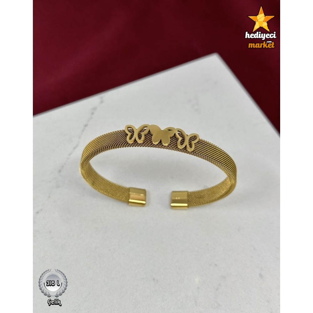 316 L Paslanmaz Gold Hasır Kelebek Model Çelik Kelepçe Bileklik - HMÇB-0017 || HM-03-00102-01