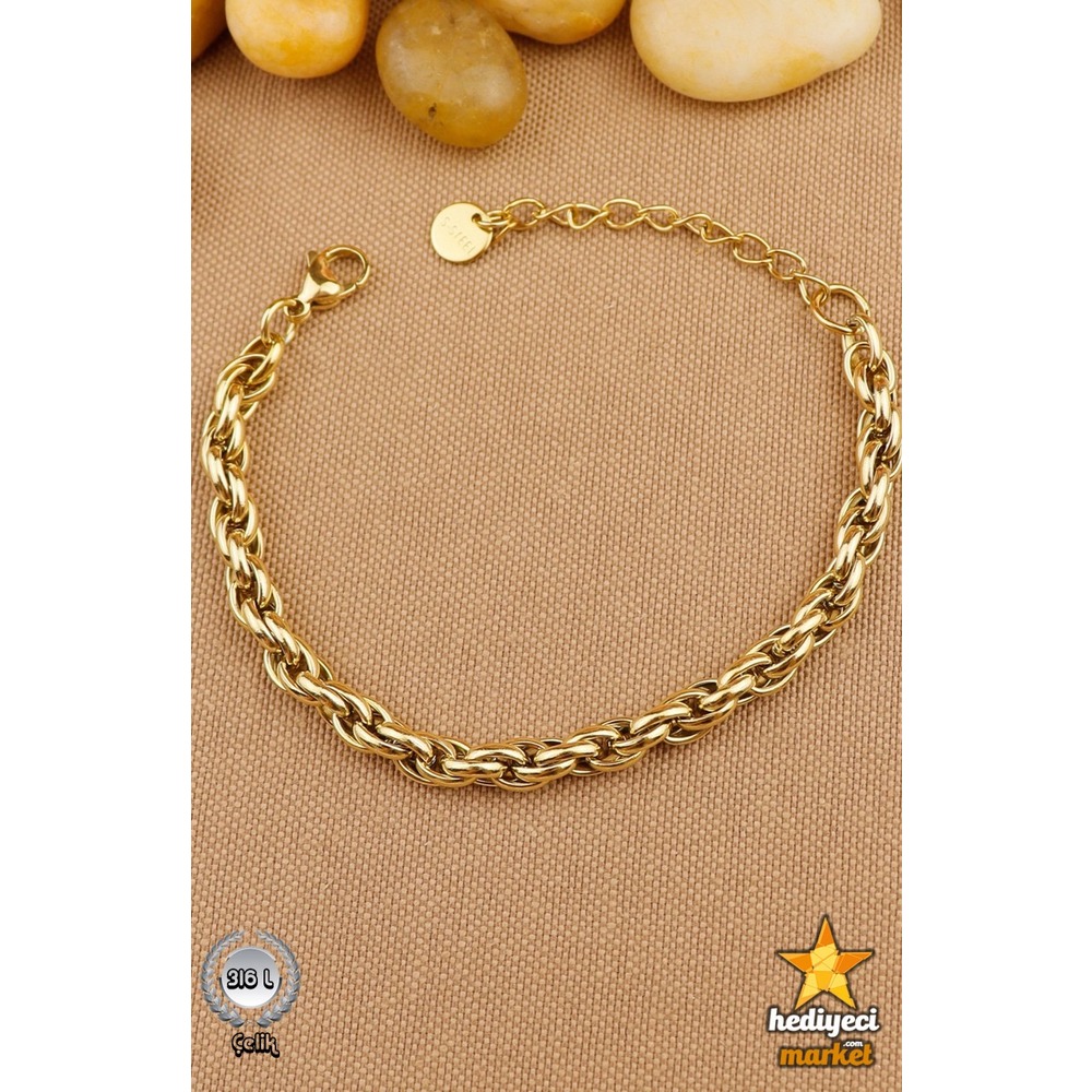 316 L Paslanmaz Altın Rengi Burgu Zincir Çelik Bileklik - HMÇB-0053 || HM-03-00123-01