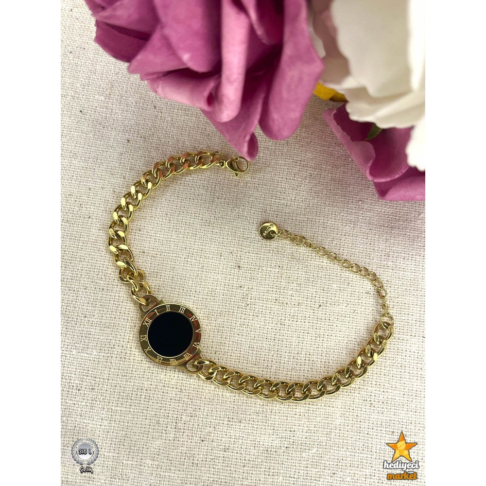 316 L Gold Zincir Model Romen Rakam İşleme Detay Çelik Bileklik - HMÇB-0055 || HM-03-00124-01