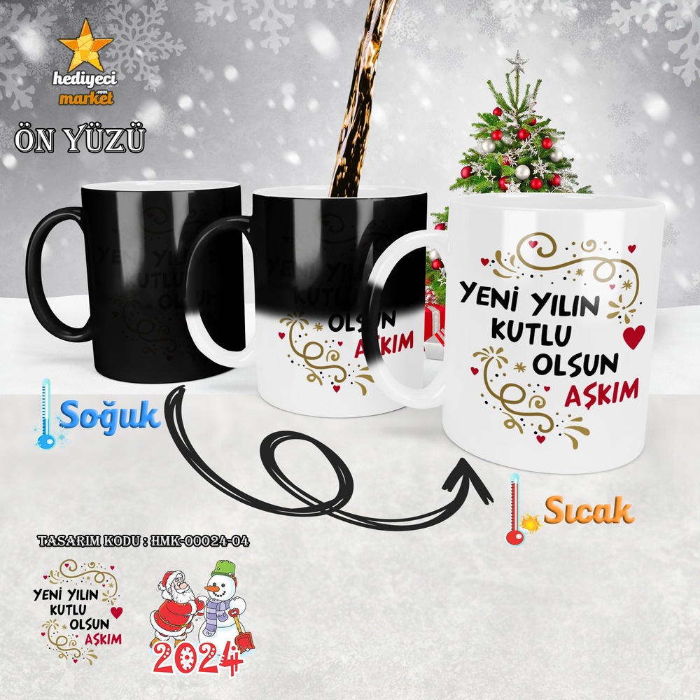 Kişiye Özel 2024 Yılbaşı Temalı Sihirli Kupa Bardak - HMK-00024-04 - HM-01-00078-04