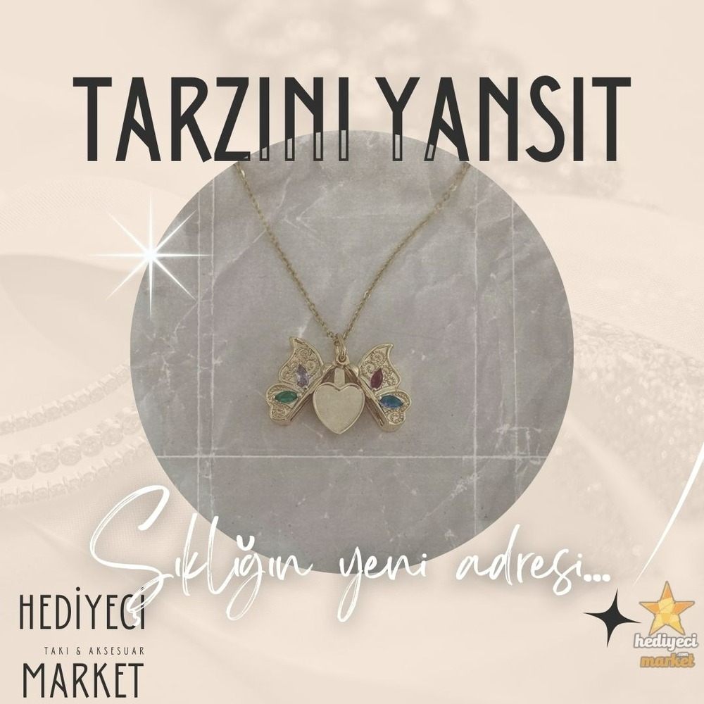316 L Kanatları Açılan Kelebek Gold Rengi Çelik Kolye - HMÇK-0008 || HM-03-00050-01