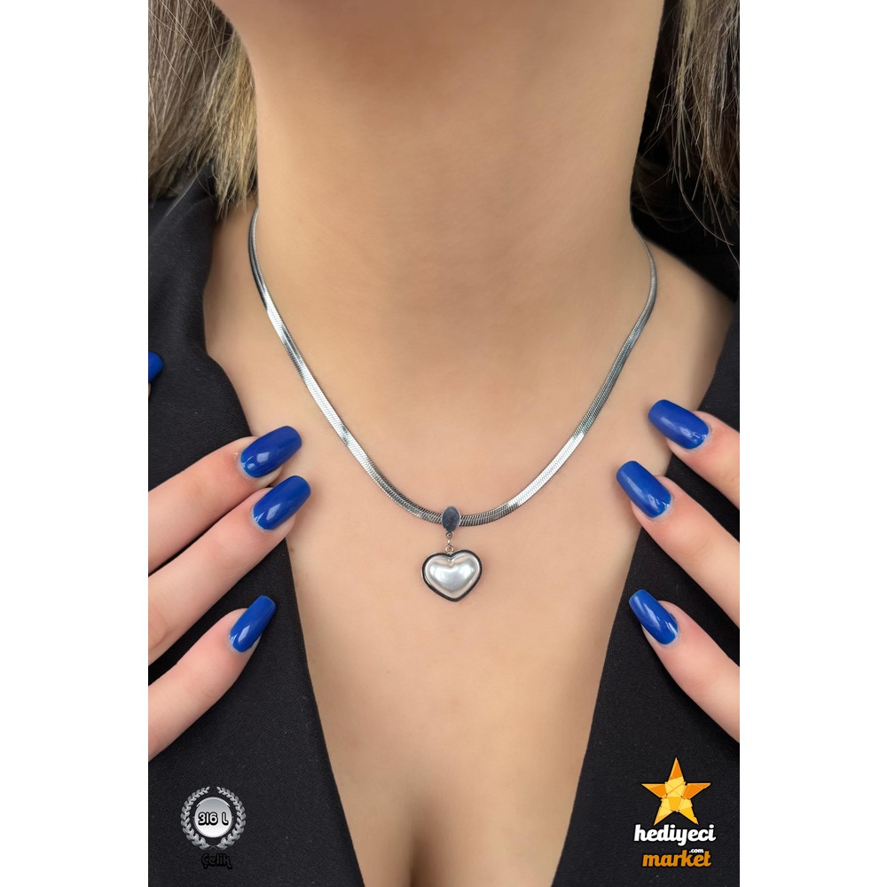 316 L İtalyan Zincirli Kalpli İnci Detaylı Silver Çelik Kolye - HMÇK-0050 || HM-03-00083-0