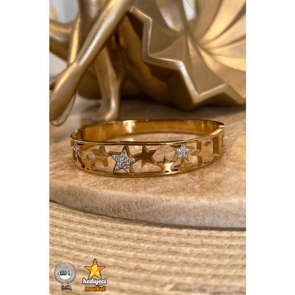 316 L Yıldız Detaylı Bohem Gold Çelik Bileklik - HMÇB-00203 || HM-03-00103-01