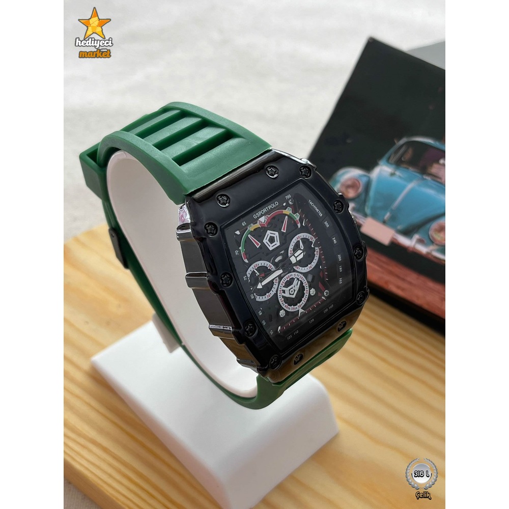 G Sport Polo Çelik Siyah Kasa ve Yeşil Slikon Erkek Kol Saati - HMES-0008 ||  HM-03-00107-08