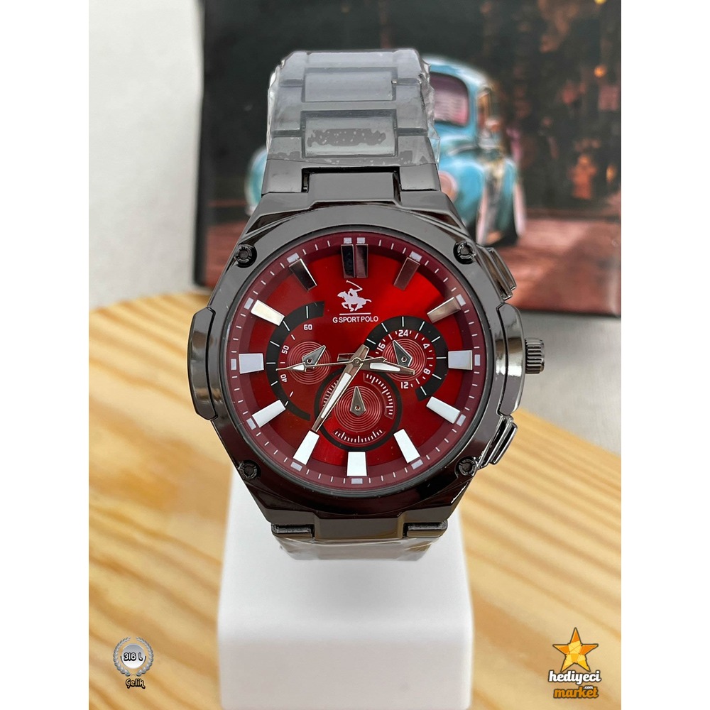 G Sport Polo 316 L Siyah Kasa Kırmızı Detaylı Erkek Kol Saati - HMES-0003 || HM-03-00107-03