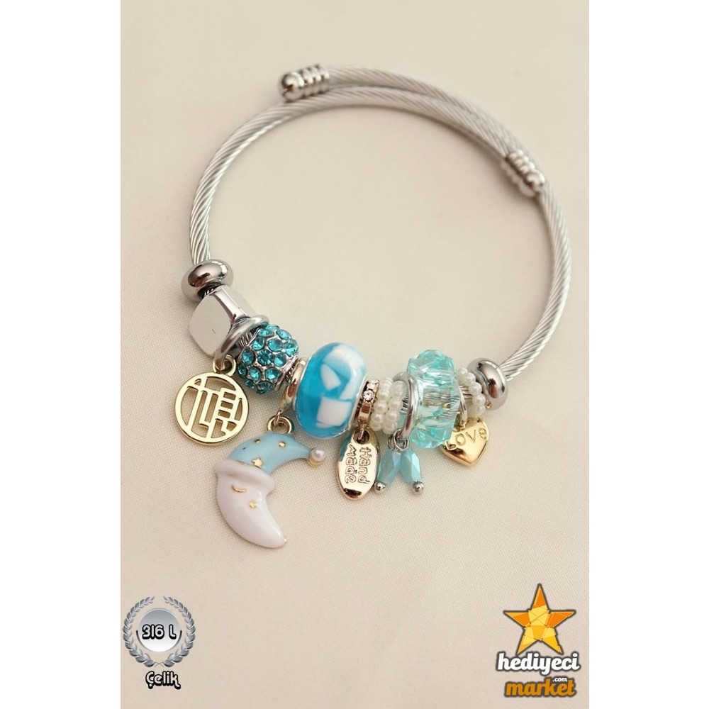 316 L Silver Mavi Ay Figürlü Sallantılı Pandora Model Bileklik - HMÇB-0037 || HM-03-00106-10