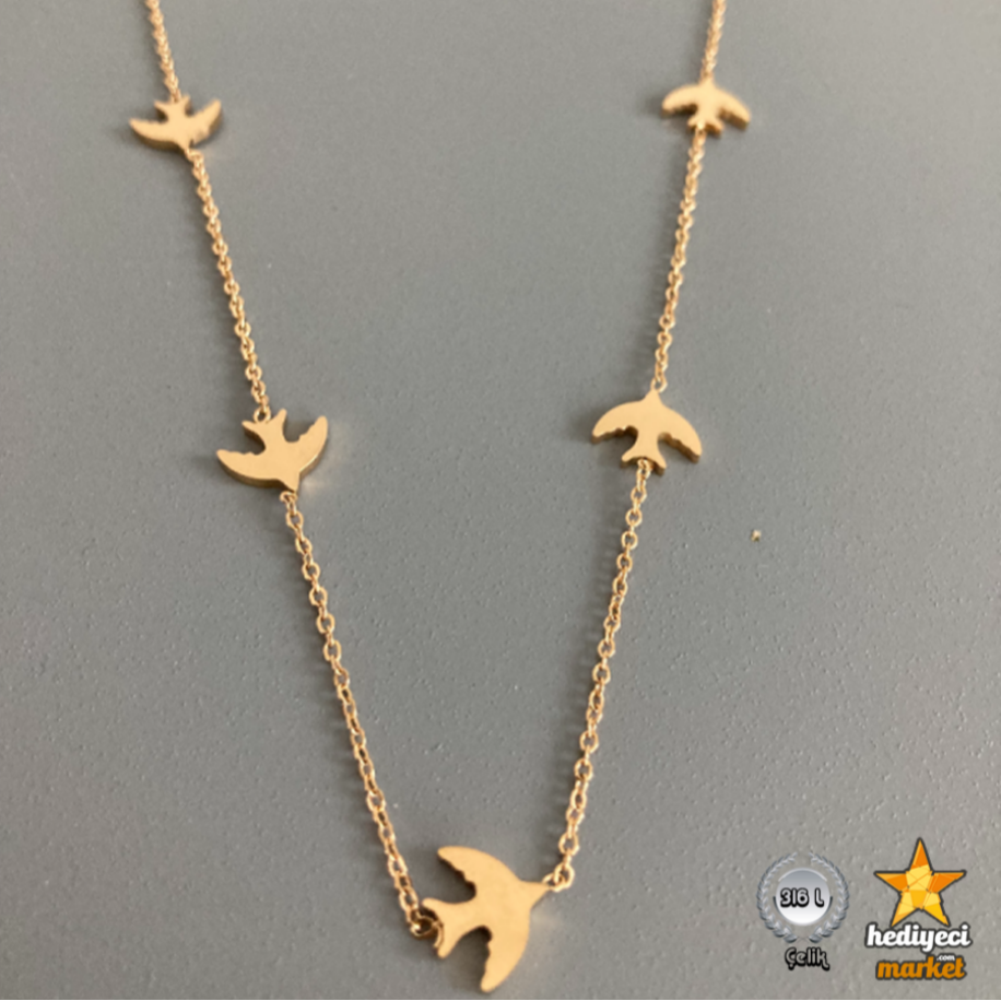 316 L Kuş Figürlü Gold Renk Çelik Kadın Kolye - HMÇK-0057 || HM-03-00137-05