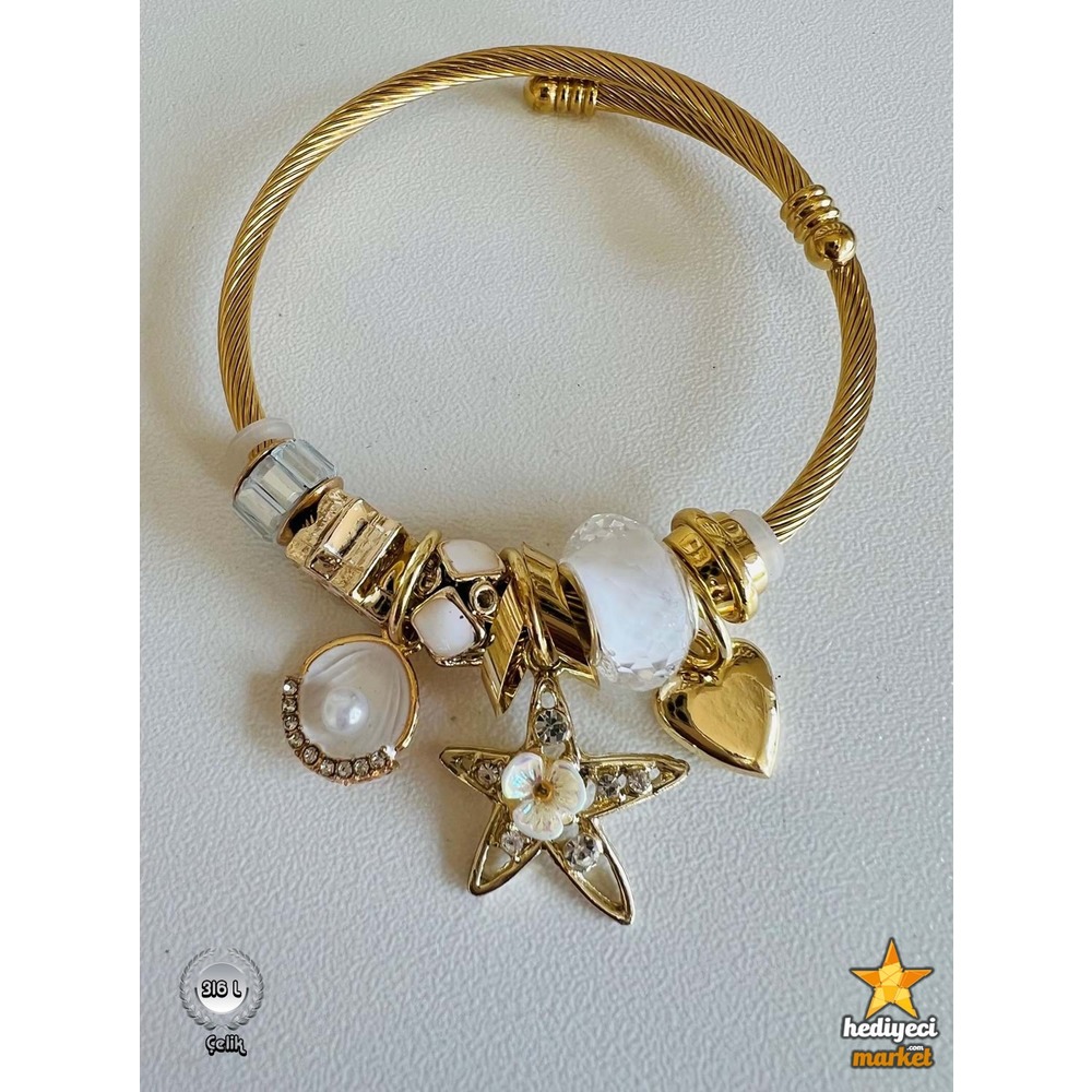 316 L Gold Beyaz Yıldız Sallantılı Çelik Pandora Model Bileklik - HMÇB-0029 ||  HM-03-00106-02