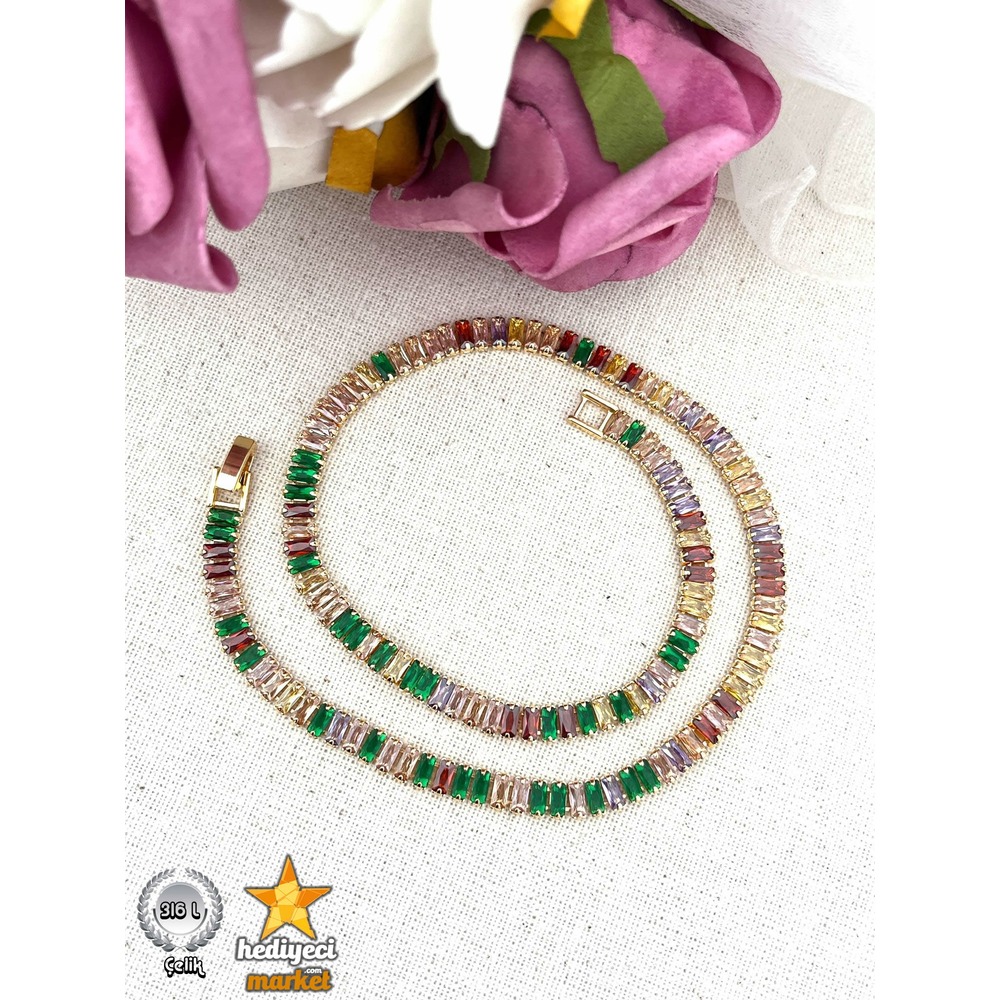 317 L Gold Zirkon Taşlı Baget Çok Renkli Su Yolu Kolye - HMÇK-0046