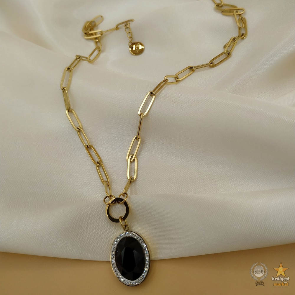 316 L Siyah Kesme Kristal Taşlı Zirkon Taş İşlemeli Çelik Kolye - HMÇK-0005 || HM-03-00047-01