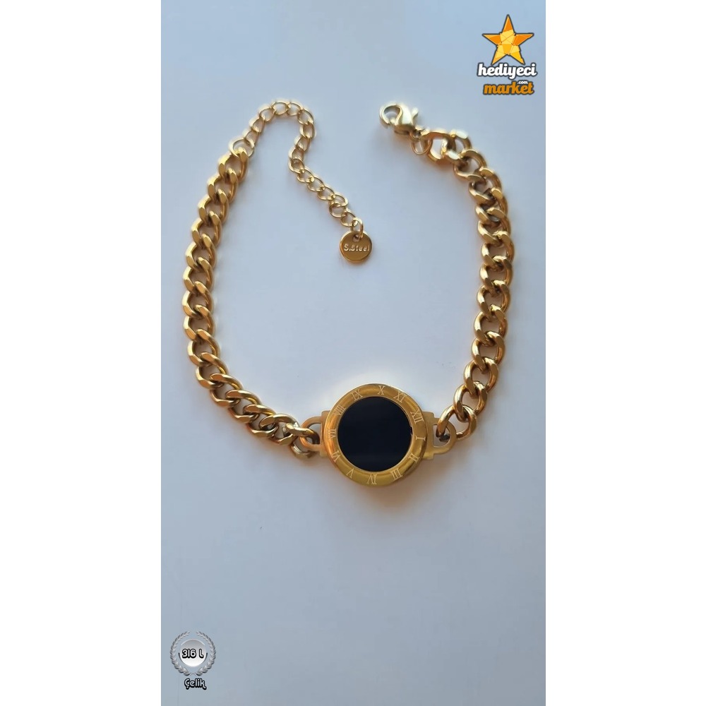 316 L Gold Zincir Model Romen Rakam İşleme Detay Çelik Bileklik - HMÇB-0055 || HM-03-00124-01