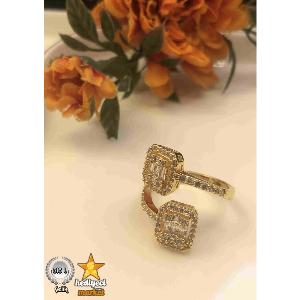 316 L 2MM Gold Zirkon Taşlı Çift Baget Çelik Yüzük - HMÇY-0007 || HM-03-00094-07