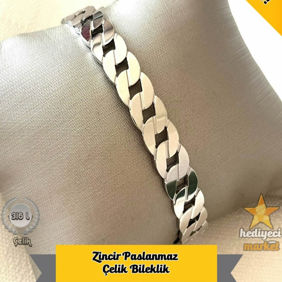 316 L Zincir Paslanmaz Çelik Kelepçe Bileklik - HMÇB-0081 || HM-03-00140-01