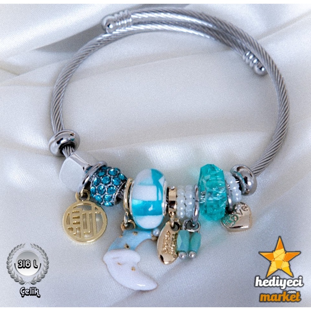 316 L Silver Mavi Ay Figürlü Sallantılı Pandora Model Bileklik - HMÇB-0037 || HM-03-00106-10