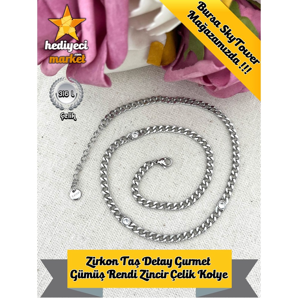 Zirkon Taş Detay Gurmet Gümüş Rendi Zincir Çelik Kolye - HMÇK-0039 || HM-03-00078-02