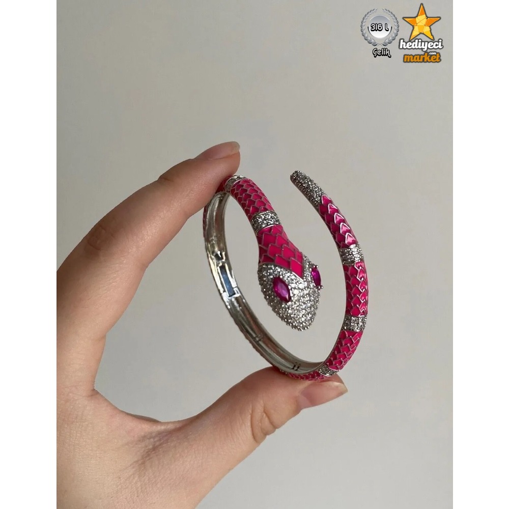 316 L Pembe Zirkon Taşlı Bulgari Model Sarmal Yılan Kelepçe - HMÇB-0009 || HM-03-00098-01