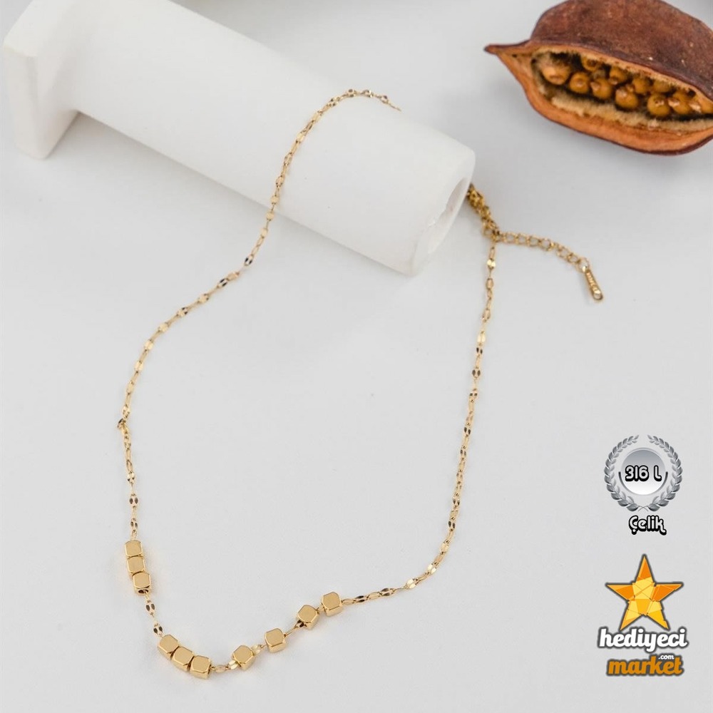316 L Paslanmaz Çelik Küp Biyeli Kolye - HMÇK-0021 || HM-03-00063-01