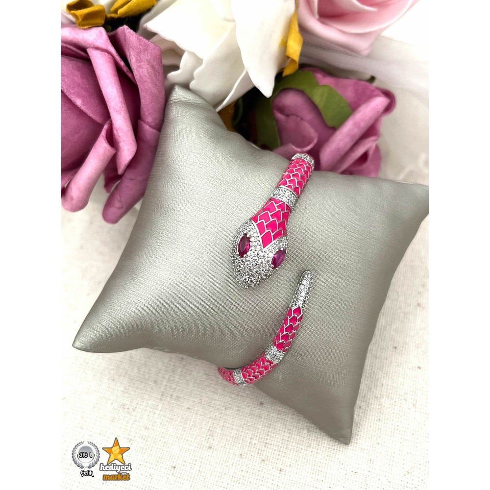 316 L Pembe Zirkon Taşlı Bulgari Model Sarmal Yılan Kelepçe - HMÇB-0009 || HM-03-00098-01